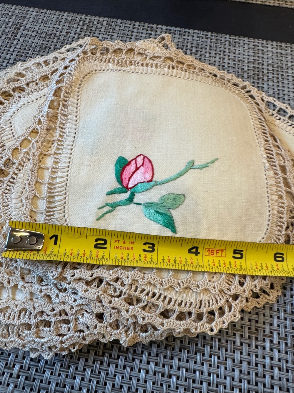 Vintage 24 Hand-Embroidered Pink Rose Linen Doily - Vintage Style